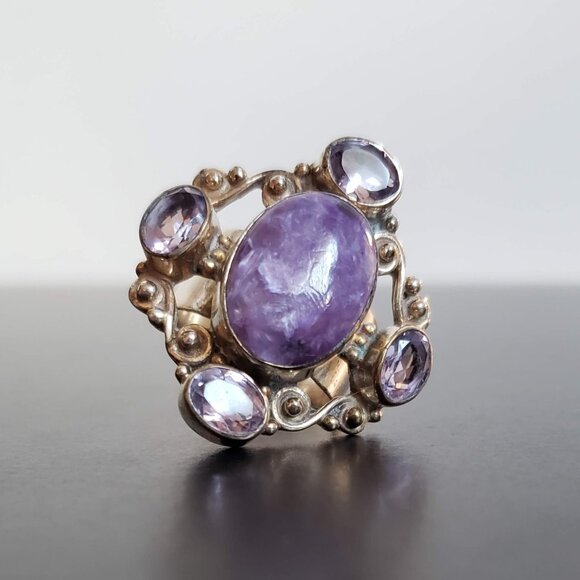 Huge CHAROITE & AMETHYST Ring in Silver Purple Gemstone jewelry - Picture 11 of 16
